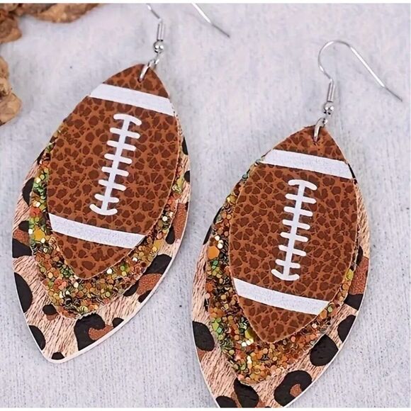 NWT 3 Layered Leather Glitter Leopard Football Print Dangle Earrings - Picture 3 of 6
